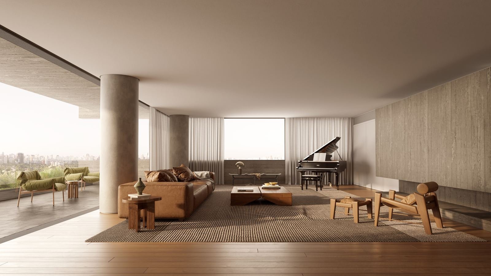Sala de estar com piano de cauda, cobertura duplex