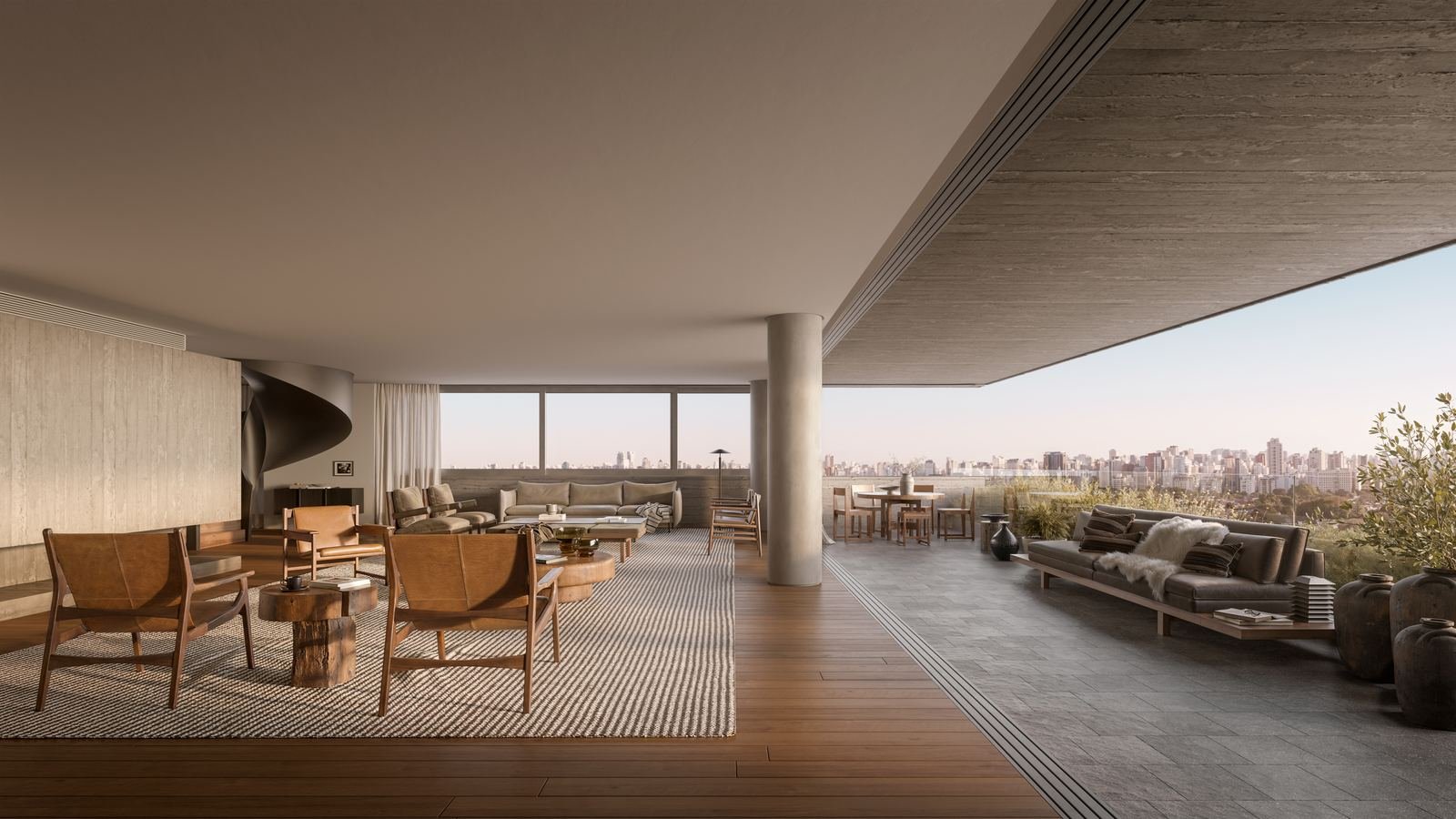 Escada em espiral e terraço com vista da cidade, cobertura duplex