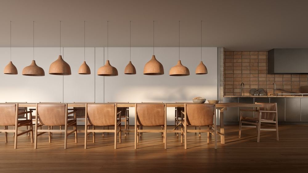 Espaço gourmet com luminárias artesanais