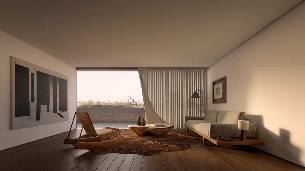 Living com varanda e obra de arte