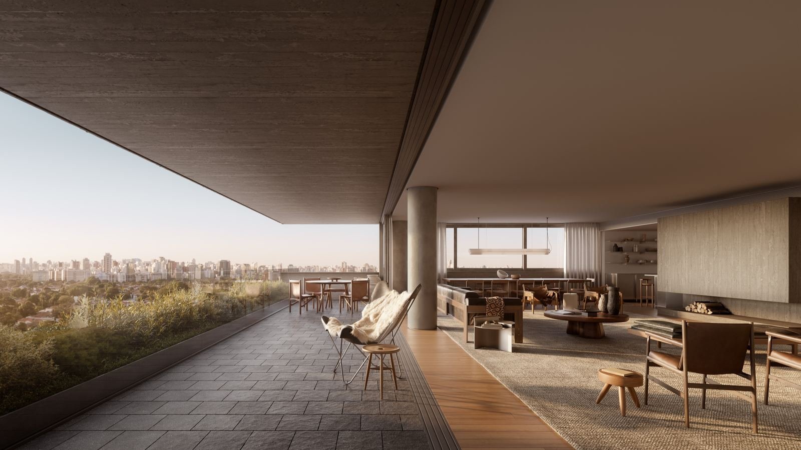 Terraço coberto com living integrado e vista da cidade