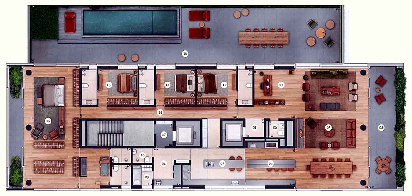 Planta baixa do Apartamento Garden, 668,77 m², 4 suítes