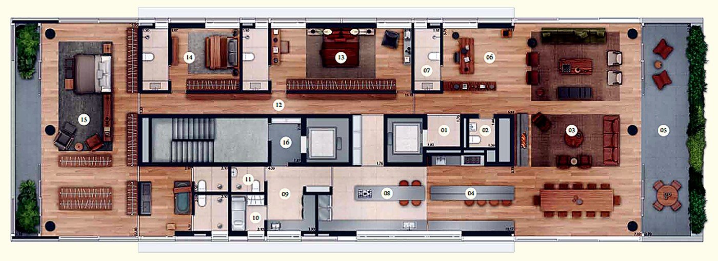 Planta baixa do Apartamento Tipo, 484 m², opção 3 suítes, planta de fácil definição